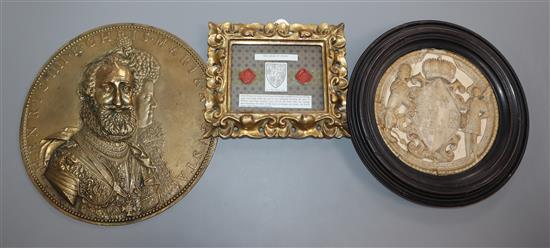 A bronze Henri III and Maria de Medici medallion plaque and two other items